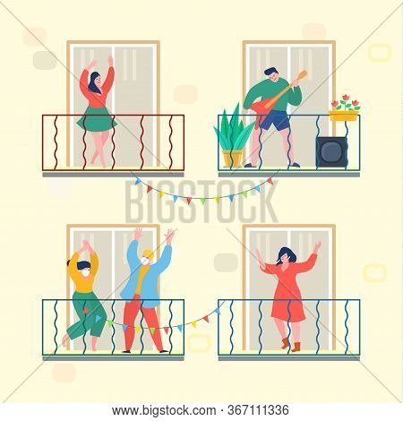 Concept Of Quarantine. People Staing At Home And Dance On Their Balconies. Stay Home Concept. Self I