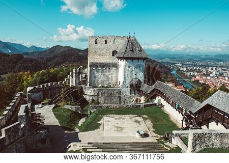 Medieval Old Castle In Celje City, Slovenia. Travel Outdoor Touristic Background