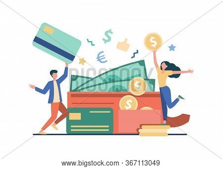 Happy Tiny Man And Woman With Big Open Wallet Flat Vector Illustration. Isolated Young Guy Holding P