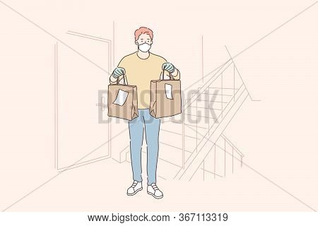 Delivery, Quarantine, Covid19, Coronavirus, Infection Concept. Young Man Boy Supplier Cartoon Charac