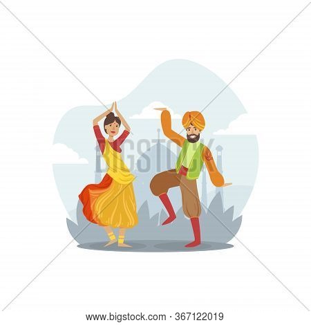 Male And Female Indian Dancers In Traditional Costumes Vector Illustration