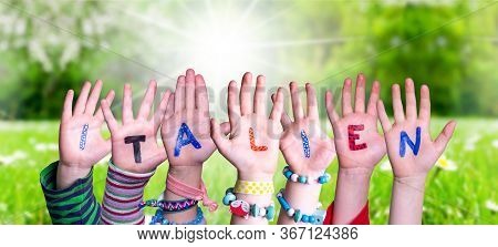 Children Hands Building Word Italien Means Italy, Grass Meadow