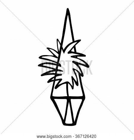Doodle Plant In A Faceted Pot. Hand-drawn Leaves With Poly Ornamental Flower Pot. Outline Of A Home 
