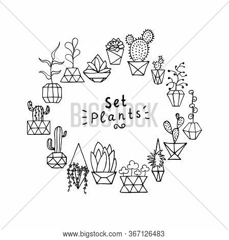 Doodle Plant In Faceted Pot Set. Hand-drawn Wreath Leaves, Succulents And Cactus With Poly Flower Po