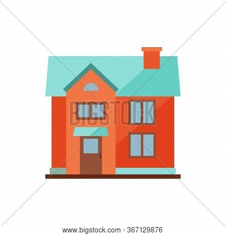 Red Cottage With Blue Roof Illustration. Home, Design, Architecture. Building Concept. Illustration 