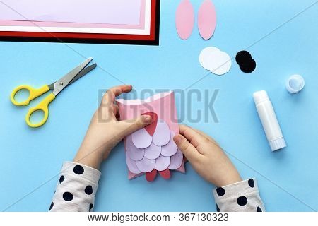 Making A Cute Owl Pillow-box From Colored Paper. Children's Art Project. Step By Step Photo Instruct