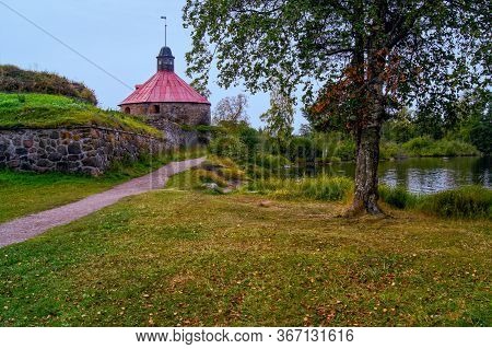 Round Tower Of The Stone Fortress Of Corela In Priozersk Town In Russia