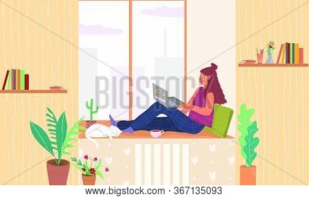 Student Freelancer Teenager Sitting On A Windowsill With A Laptop Vector Flat Illustration. A Teen O