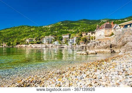 Beautiful Adriatic Sea In Croatia, Town Of Lovran Riviera, Coastline Villas In Kvarner Bay