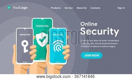 Online Security In Network. Safety Surfing Via Smartphone. Phone In Hand Protected By Fingerprint An