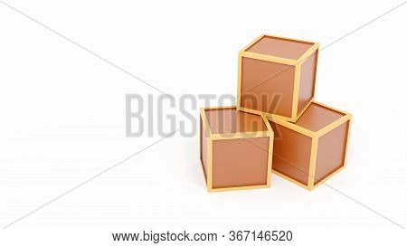Three Simple Small Brown Square Crates / Boxes Stacked Isolated On White - Render. Surprise Box Game