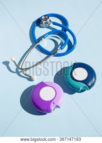 stethoscope asthma inhaler medicine. medical treatment