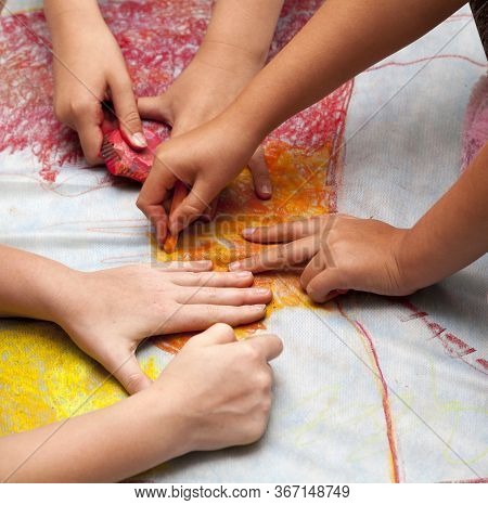 A Group Of Young Kids Drawing On A Special Canvas With Colorful Pastels, Hands Visible. Diy, Do It Y
