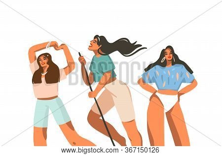 Hand Drawn Vector Abstract Stock Graphic Illustration With Young Smiling Happy Females Group Have Ev