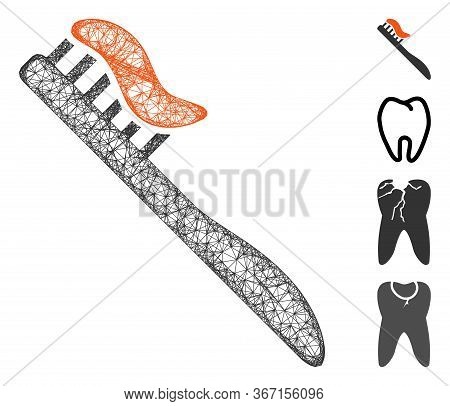 Mesh Tooth Brush Web Icon Vector Illustration. Carcass Model Is Based On Tooth Brush Flat Icon. Netw