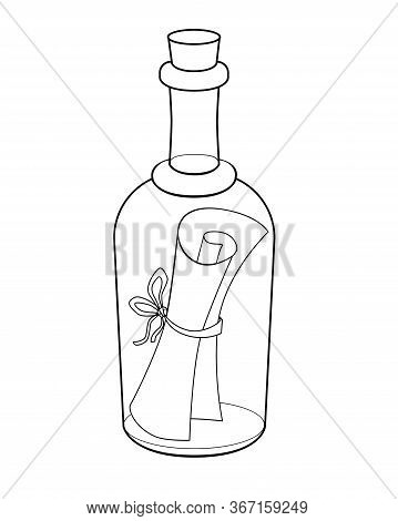 Letter In A Bottle - Vector Linear Picture For Coloring. Bottle Mail - A Closed Bottle With A Scroll