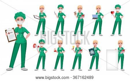 Beautiful Woman Doctor, Set Of Eleven Poses. Female Medical Doctor Or Nurse Cartoon Character Workin
