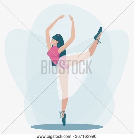 Ballerina Stands In A Beautiful Pose Aplomb In A Delicate Skirt And Pointe Shoes. Tender Girl In Pin