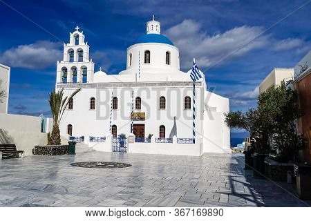 Santorini, Greece - April 10, 2020: Orthodox Panagia Platsani Church With Bells