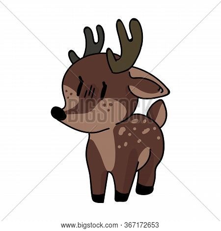 Cute Forest Deer Animal Vector Illustration. Buck Deer With Antlers. Childlish Hand Drawn Doodle Sty
