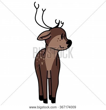 Cute Woodland Laying Down Animal Vector Illustration. Buck Deer With Antlers. Childlish Hand Drawn D