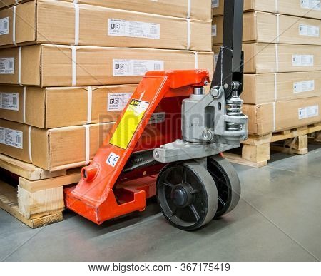 Voronezh, Russia - September 4, 2019: Hydraulic Manual Hoist Used In Stock