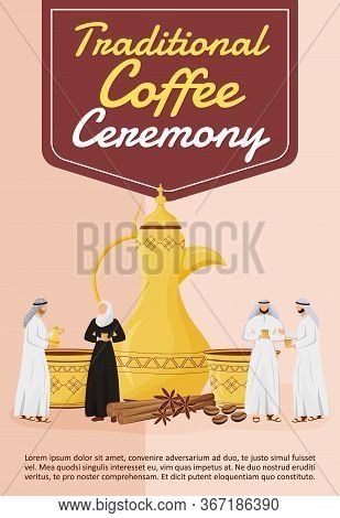 Traditional Coffee Ceremony Poster Flat Vector Template. Luxury Oriental Drinks. Dallah Pot. Brochur