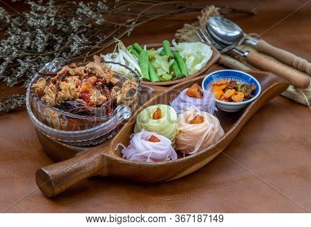 Rice Noodles With Spicy Pork Sauce Or Nam Ngiao Rice Noodle (traditional Northern Thai Cuisine). Nam