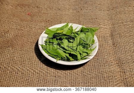 Neem Or Azadirachta Indica Leaves In A Plate On Burlap Background