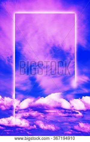 Aesthetic Modern Art Collage With Clouds Blue Sky In Style Of The 80-90s. Real Natural Sky Compositi