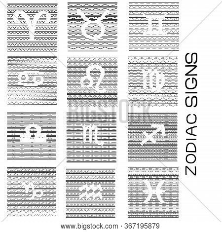 Set Of 12 Antistress Coloring Of Zodiac Sign, Simple Lines Vector Illustrations Using Negative Space
