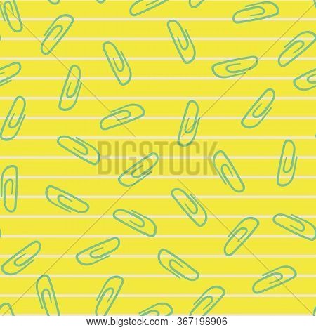 Green Paper Clips Seamless Vector Pattern On Yellow Background. Surface Print Design. For Farics, St