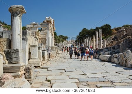 Ephesus, Turkey - August 16, 2017: Curetes Street In Ephesus Ancient City, Selcuk, Turkey.