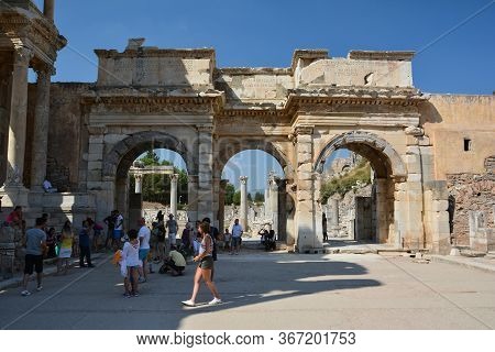 Ephesus, Turkey - August 16, 2017: Celsus Library In Ephesus Ancient City, Selcuk, Turkey. Gate Of M