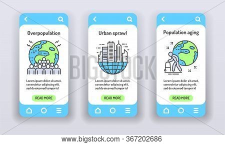 Eco Problems On Mobile App Onboarding Screens. Overpopulation, Urban Sprawl, Population Aging. Banne