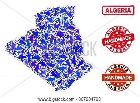 Vector Handmade Combination Of Algeria Map And Dirty Stamp Seals. Mosaic Algeria Map Is Formed With 