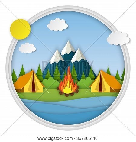 Paper Cut Summer Landsape. Landscape With Yellow Tent, Forest And Mountains On The Background. Adven