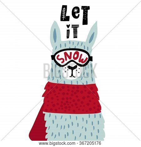 Cute Cartoon Llama In Ski Glasses. Childish Alpaka Print For Nursery, Kids Apparel,poster, Postcard.