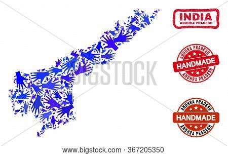 Vector Handmade Combination Of Andhra Pradesh State Map And Unclean Seals. Mosaic Andhra Pradesh Sta