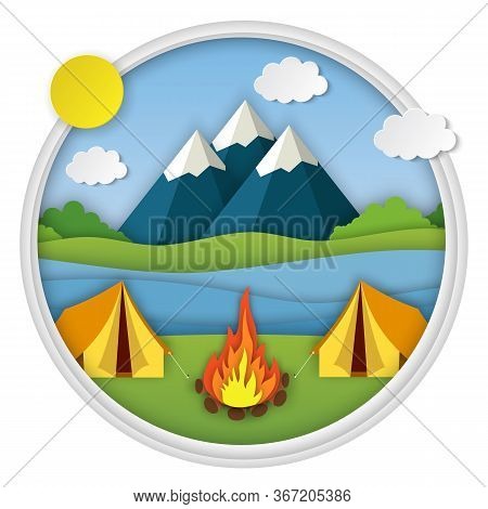 Paper Cut Summer Landsape. Landscape With Yellow Tent, Forest And Mountains On The Background. Adven