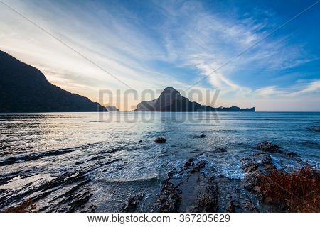 Beauty Tropical Sunset Landscape At El Nido, Palawan Island In Philippines