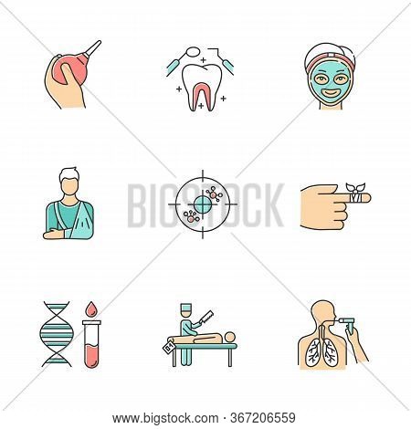 Medical Procedures Color Icons Set. Constipation Aid. Healthcare. Orthopedic Cast. Immunotherapy. De