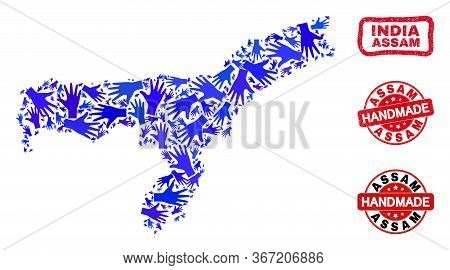 Vector Handmade Combination Of Assam State Map And Textured Seals. Mosaic Assam State Map Is Done Wi
