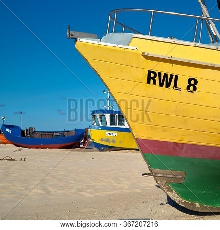 Rewal, Poland - September 02, 2019: Fishing Boat On The Beach Of The Polish Baltic Coast Near Rewal