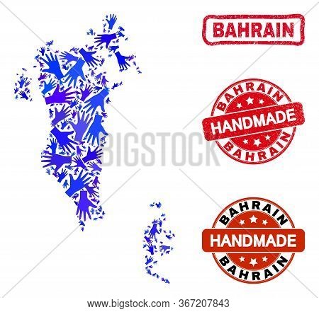 Vector Handmade Collage Of Bahrain Map And Rubber Stamp Seals. Mosaic Bahrain Map Is Designed With S