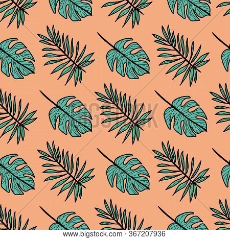 Cheese Plant And Palm Exotic Tropical Monstera House Plant Leaves. Vector Repeat Pattern. Great For 