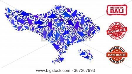 Vector Handmade Collage Of Bali Map And Scratched Watermarks. Mosaic Bali Map Is Composed With Rando