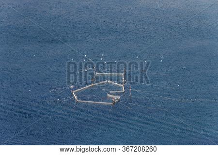 Sea Net. Stationary Fishing Nets. Fishing Off The Coast Of The Sea With A Net. Seine Landline And Se