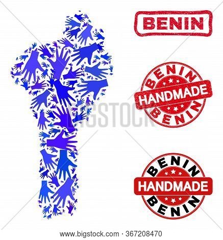 Vector Handmade Collage Of Benin Map And Textured Seals. Mosaic Benin Map Is Organized Of Scattered 