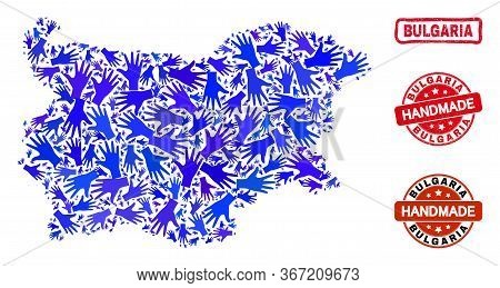 Vector Handmade Composition Of Bulgaria Map And Textured Seals. Mosaic Bulgaria Map Is Created With 